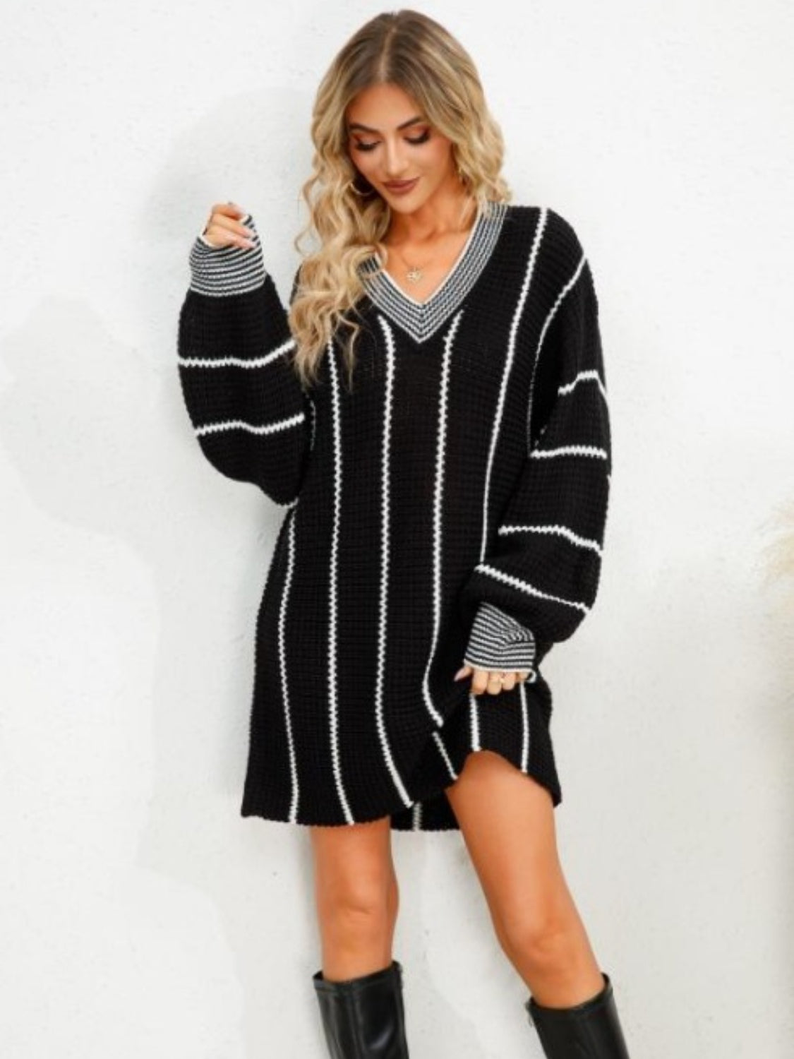 Striped V-Neck Long Sleeve Mini Dress  Beyond Apparel