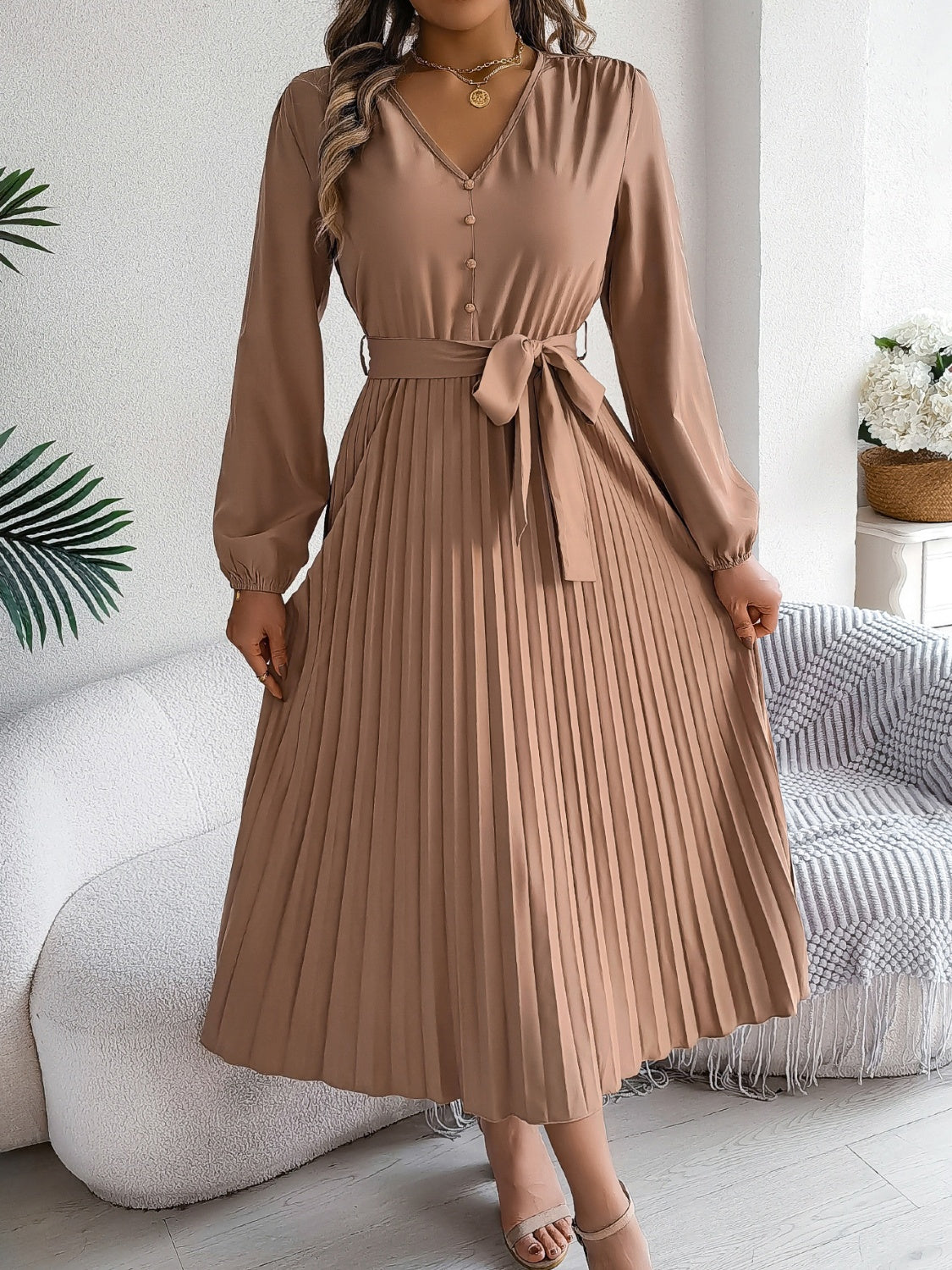 Pleated Tied V-Neck Long Sleeve Dress – Beyond Apparel