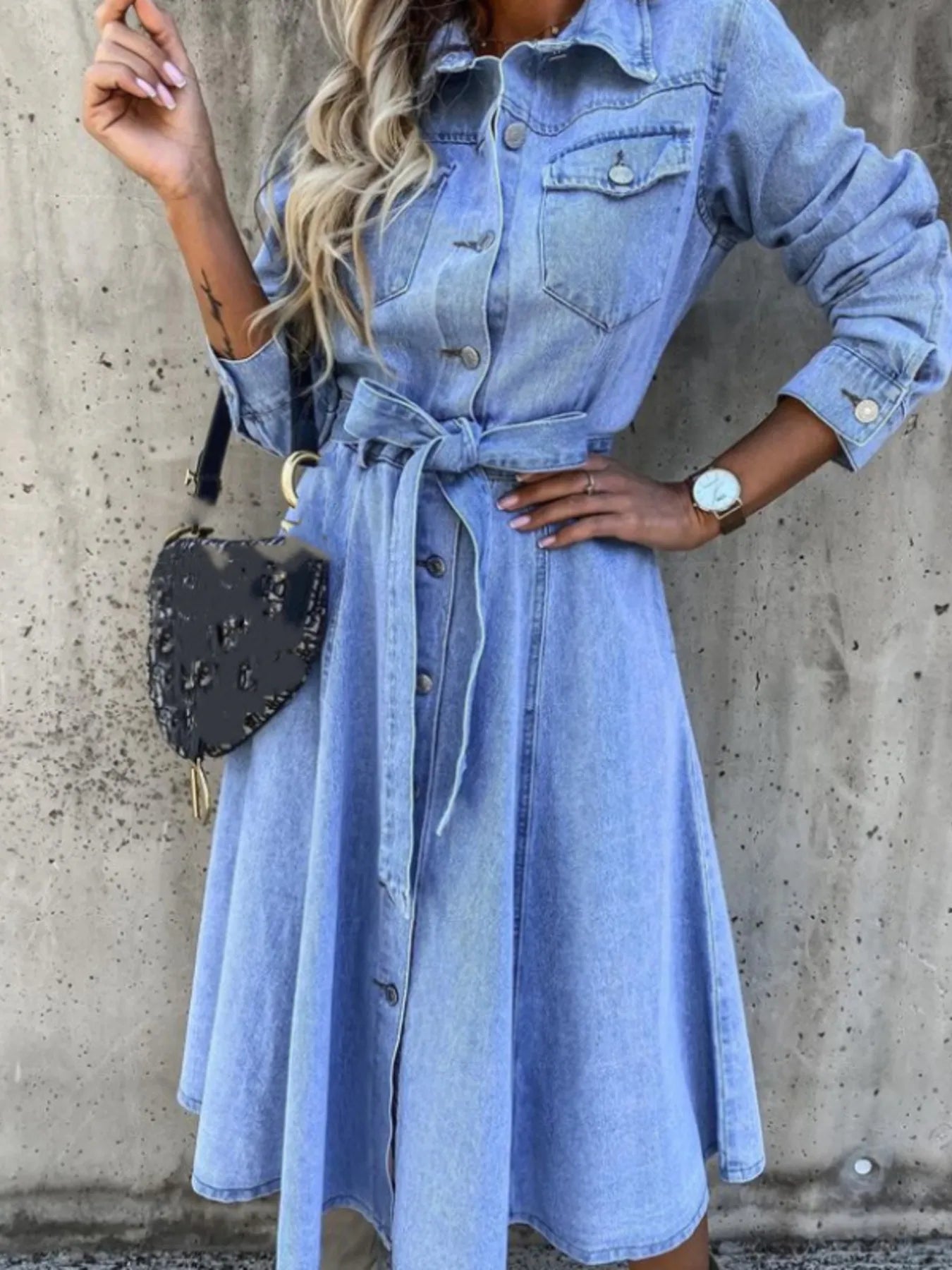 Full Size Tie Waist Button Front Denim Shirt Dress Plus Size – Beyond Apparel