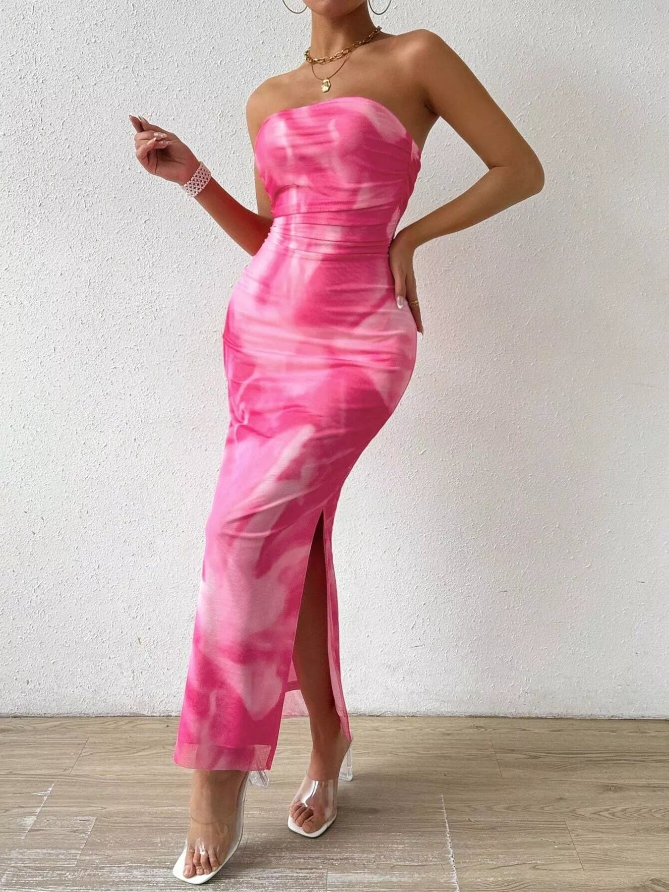 pink tie dye ruched dress Tie Dye Ruched Dress by ROCOCO SAND