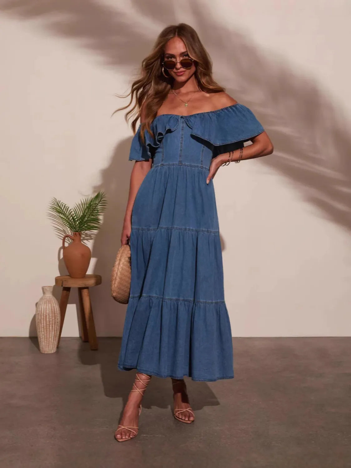 Off Shoulder Ruffle Tiered Denim Dress – Beyond Apparel