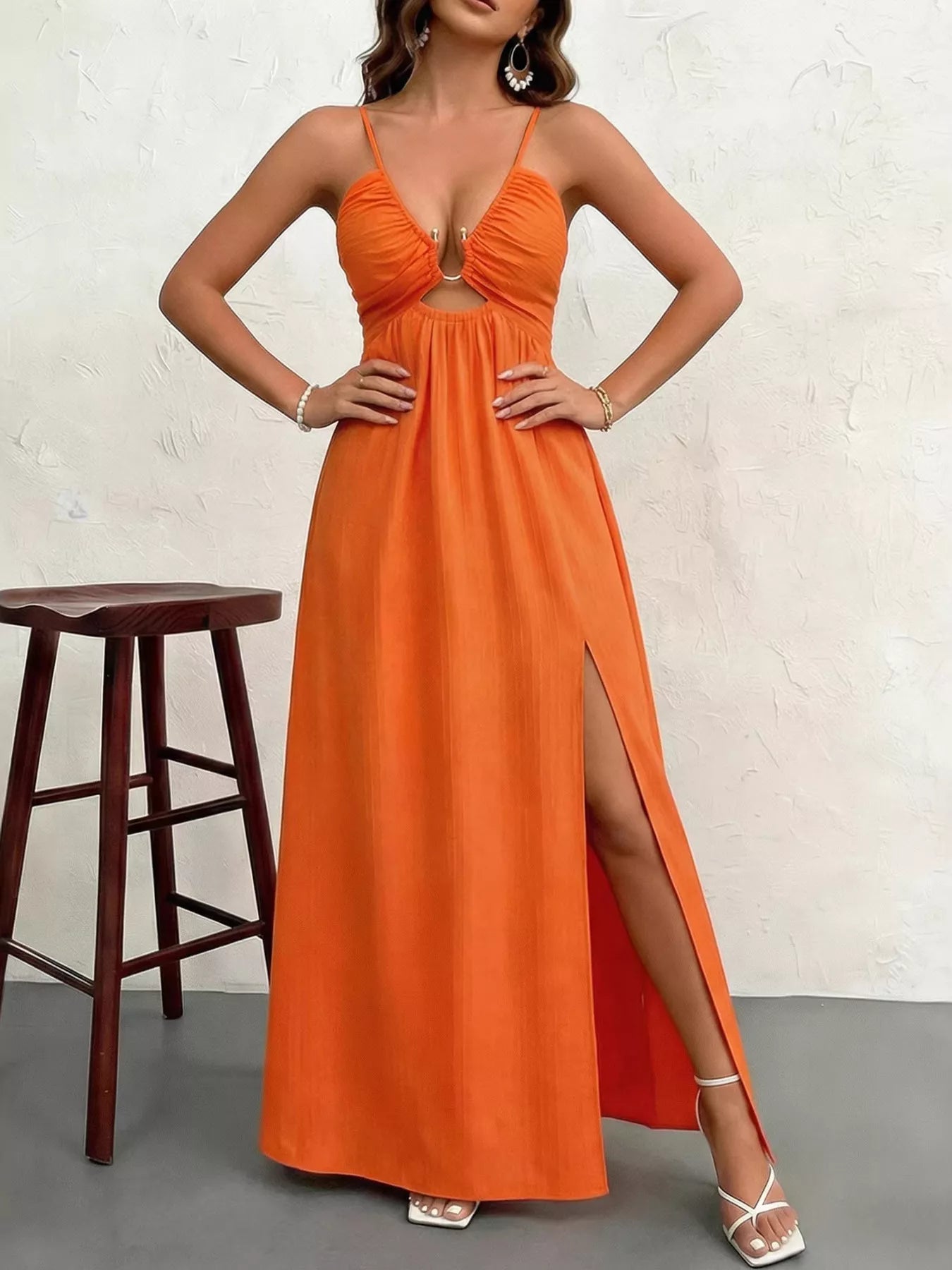 maxi dress front open Blue Cotton Flax A-Line Front Slit Maxi Dress 44" / Regular (5'2"