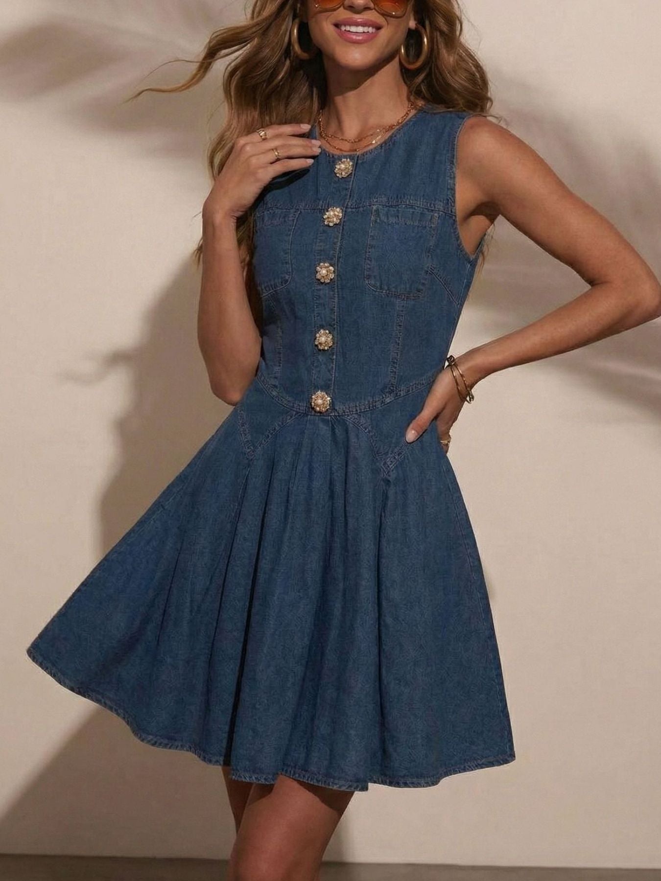 Button Decor Sleeveless Denim Dress – Beyond Apparel
