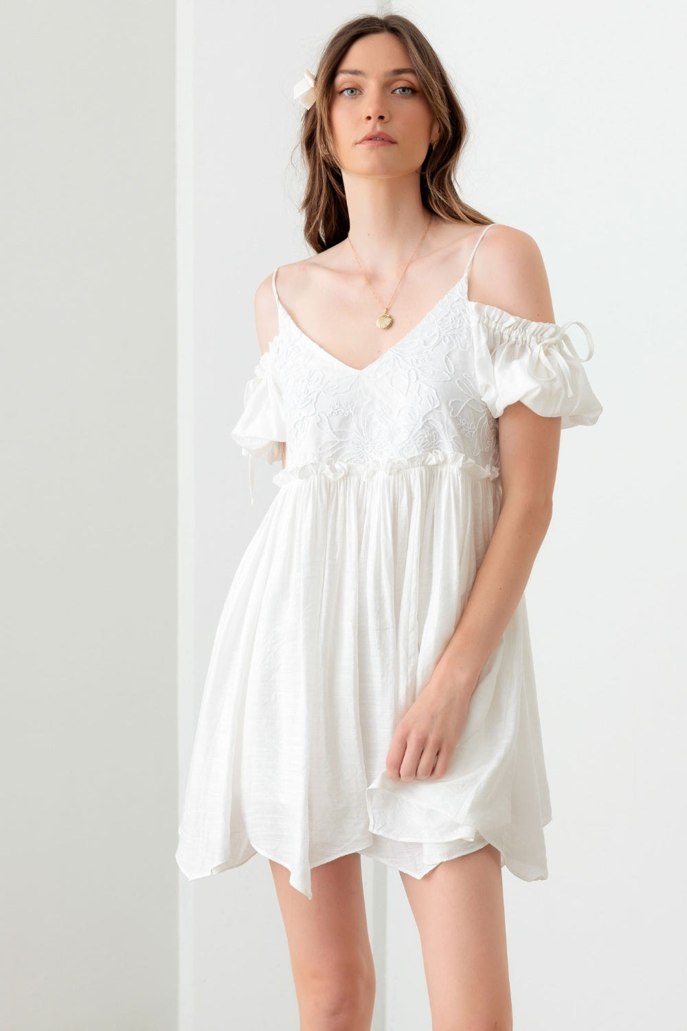 Mustard Seed Embroidered Floral Shirred Cold Shoulder Mini Dress  Beyond  Apparel