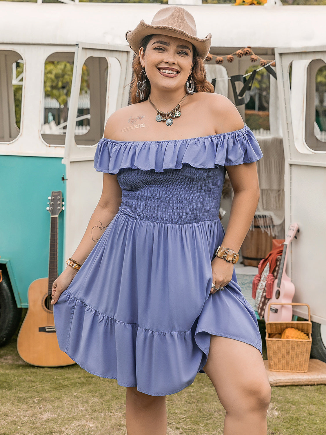 summer off shoulder dress Plus Size Ruffled Smocked Off-Shoulder Mini Dress – Beyond Apparel