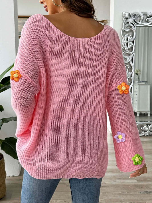 Flower Round Neck Long Sleeve Sweater