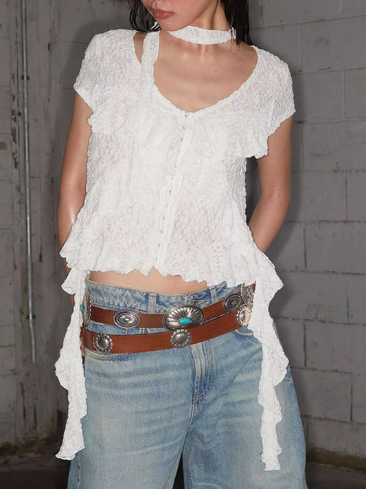 Ruffle Trimmed V-Neck Short Sleeve Lace Top