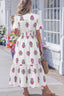 Floral Print Split Neck Shirred High Waist Ruffle Hem Midi Dress