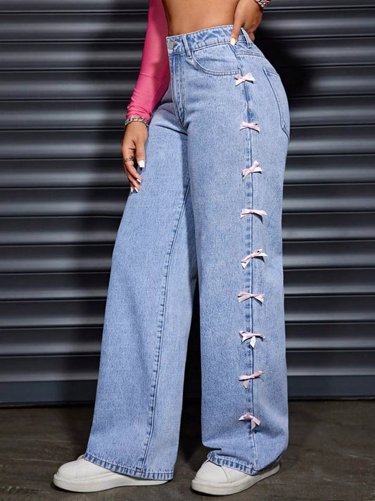 Wide Leg Jeans with Bow Decor