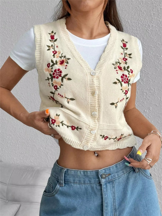 Embroidered Button Up Sweater Vest