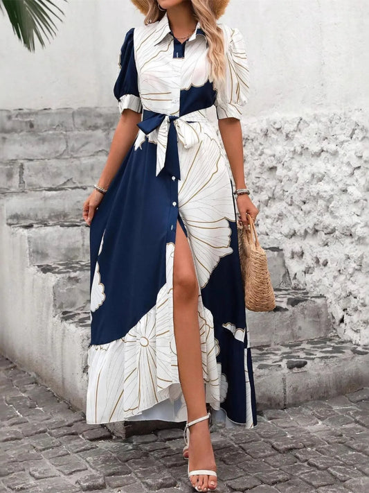 Printed Button Down Half Sleeve Maxi Shirt Dress