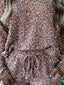 Leopard Ribbed Long Sleeve Top Drawstring Shorts 2pcs Outfit