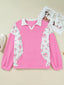 Plus Size Contrast Polo Collar Floral Patchwork Elastic Cuffs Long Sleeve Top