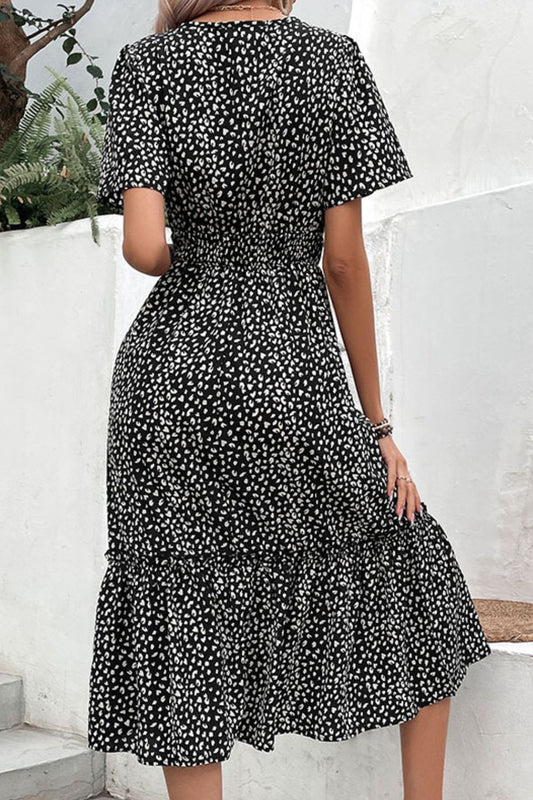 Perfee Leopard Print Short Sleeve Midi Dress