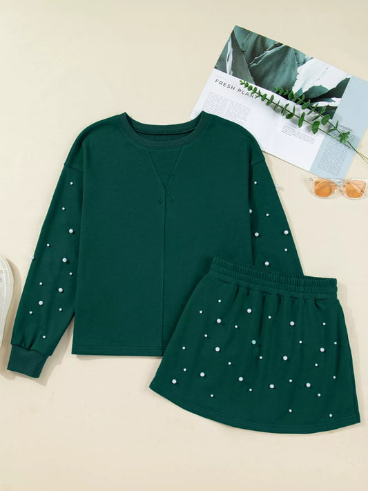 Pearl Embellished Drop Shoulder Pullover Elastic Waist Mini Skirt Set