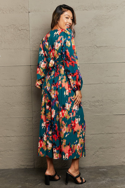 Printed Deep V Slit Pleated Dress