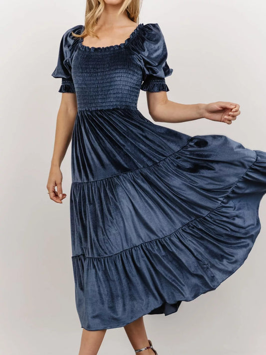 Velvet Smocked Tiered Midi Dress