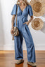V Neck Short Sleeve Smocked Back Denim Jumpsuit