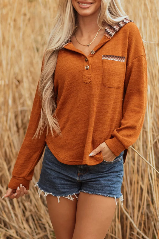 Casual Long Sleeve Henley Hooded Top