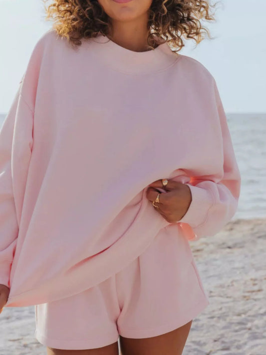 Relaxed Fit Round Neck Sweatshirt and Shorts Set
