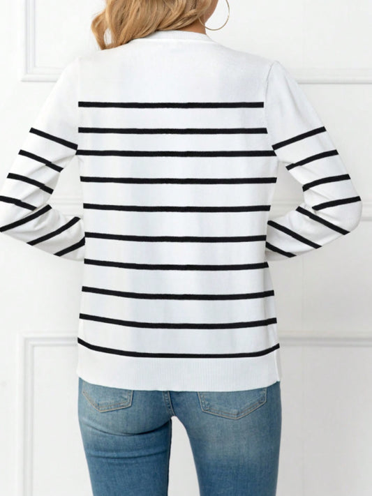 Striped Round Neck Button Up Cardigan