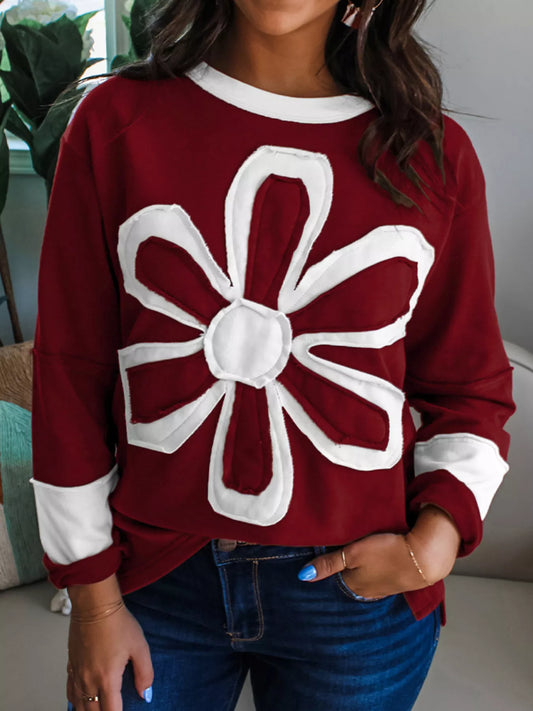 Flower Patched Round Neck Long Sleeve Top