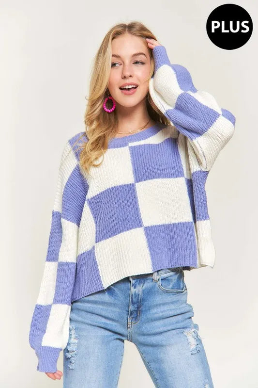 ADORA Plus Size Comfy Checkered Colorblock Sweater Top