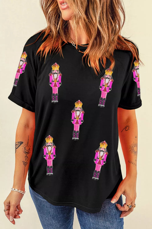 Sequin Patched Christmas Nutcracker Casual T Shirt