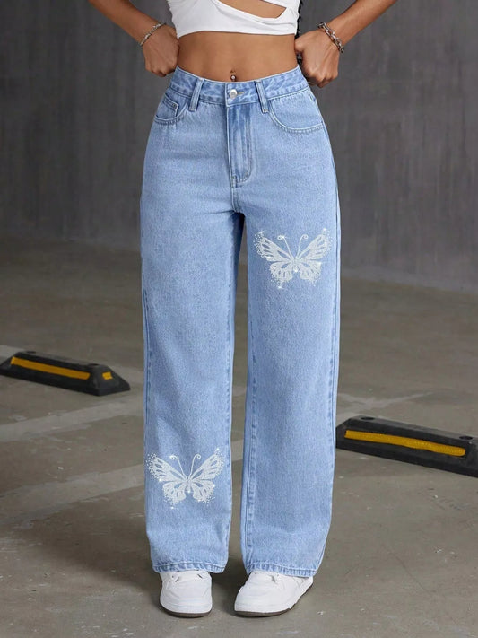 Butterfly Embellished Wide Leg Jeans