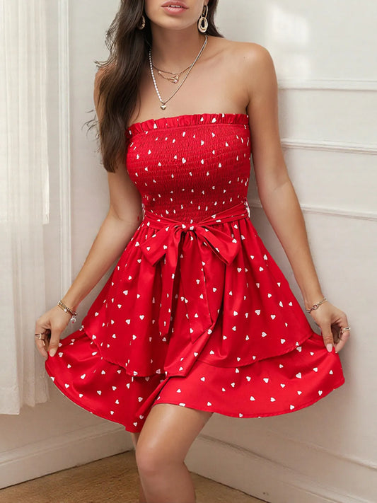 Smocked Heart Print Tube Dress