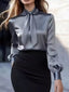 Satin Bow Tie Long Sleeve Blouse