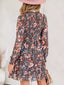 Frilly Smocked Bodice Floral Mesh Long Sleeve Mini Dress