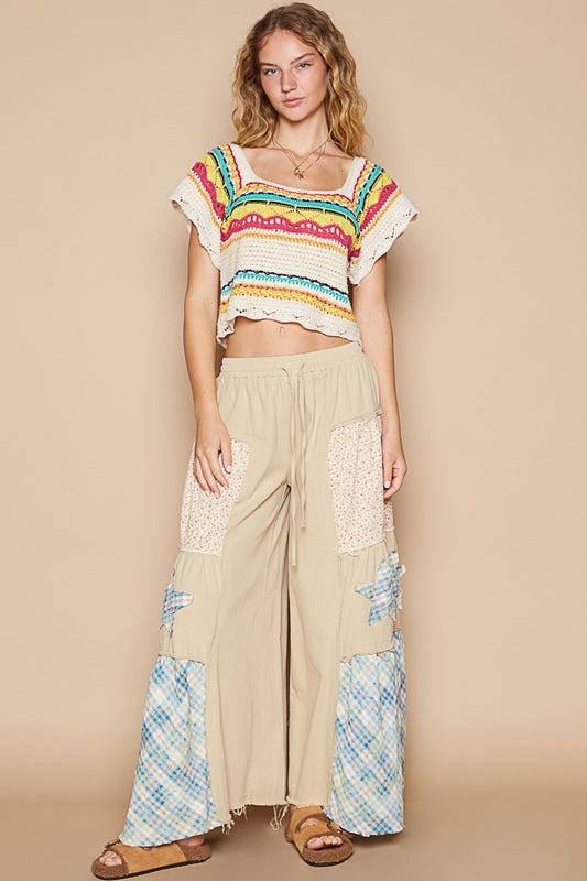 POL Openwork Ethnic Pattern Square Neck Cropped Knit Top