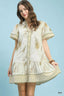 Umgee Linen Printed Button-Front Tiered Mini Dress