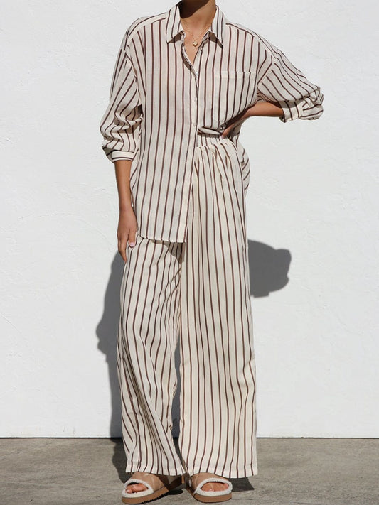 Striped Collared Neck Long Sleeve Top and Pants Set