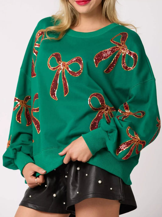 Christmas Sequin Bow Round Neck Sweatshirt