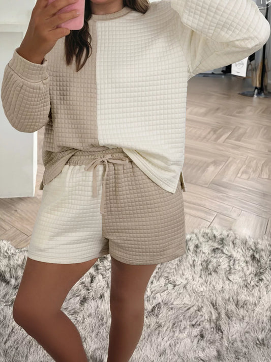 Color Block Patchwork Textured Long Sleeve Top and Short Lounge Set