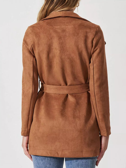 Suede Tie Waist Long Sleeve Outerwear