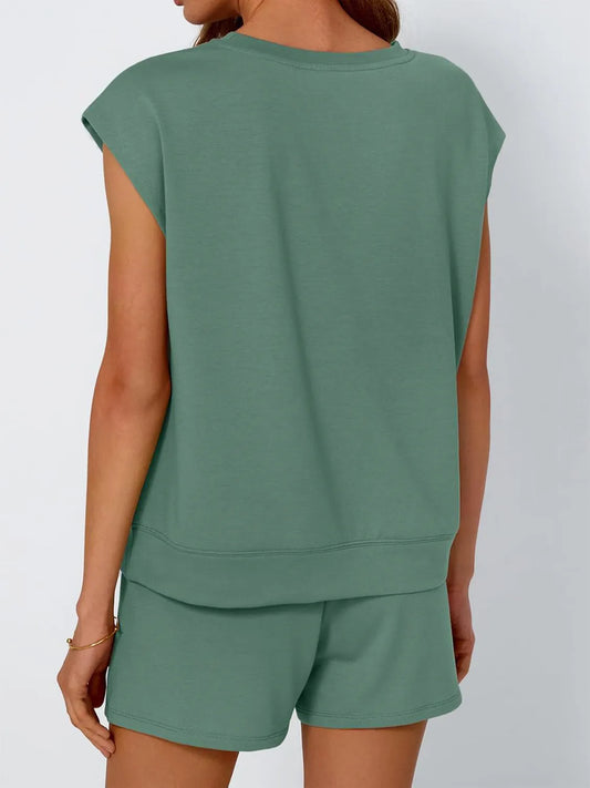 Round Neck Cap Sleeve Top and Shorts Set