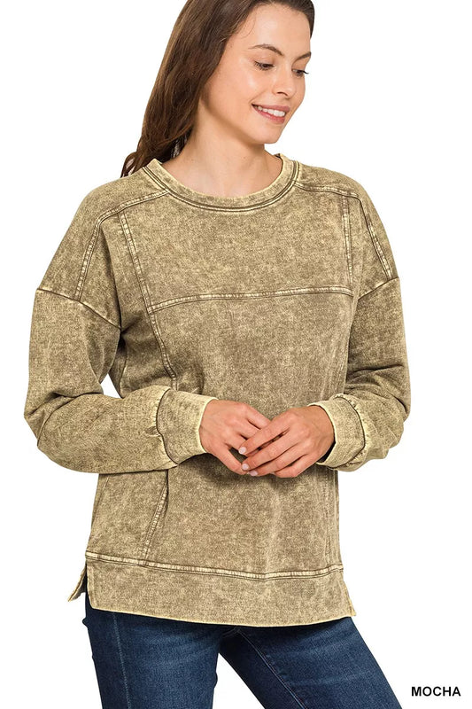 Zenana Acid Wash French Terry Exposed-Seam Pullover