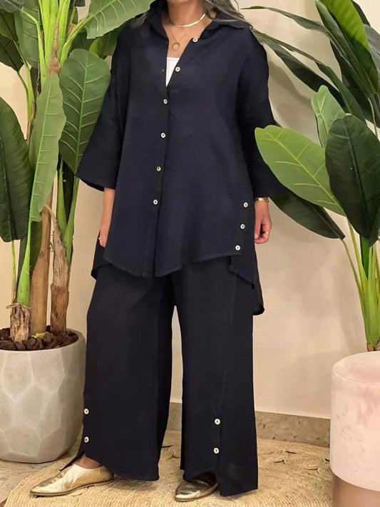 Full Size Button-Down Shirt and Wide-Leg Pants Set Plus Size