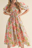 Floral Smocked Square Neck Puff Short Sleeve Midi Dress