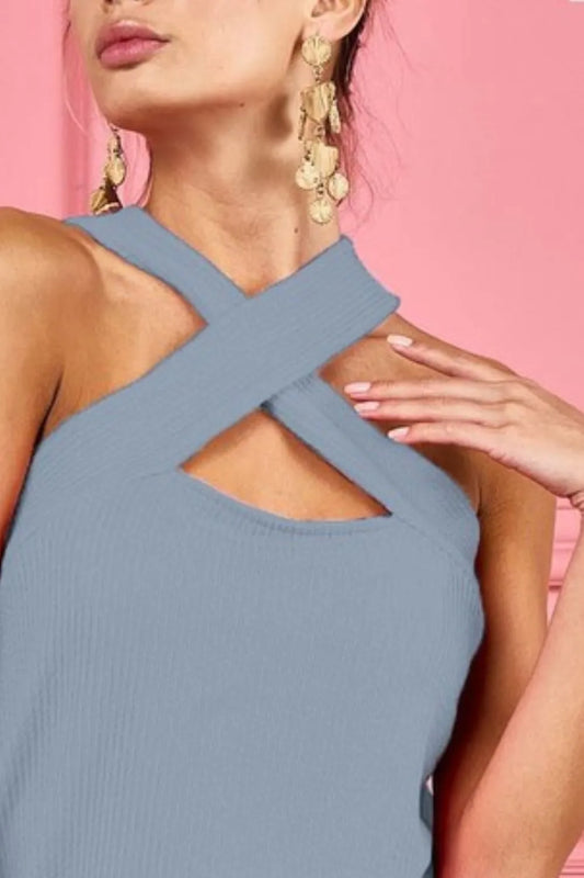 BiBi Lace Knit with Cut Out And Cross Neck Banded Top