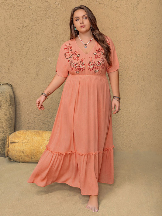 Plus Size Frill Embroidered V-Neck Half Sleeve Maxi Dress