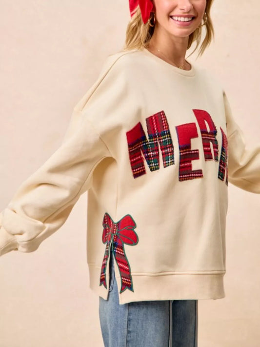MERRY Bow Slit Crew Neck Christmas Sweatshirt