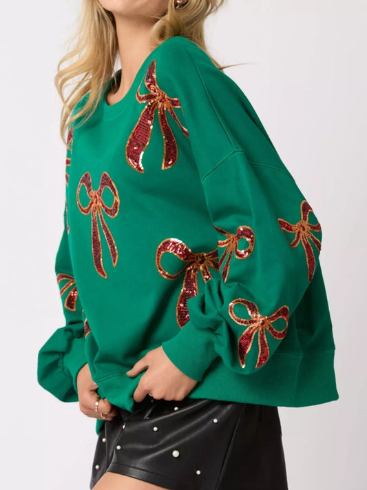 Christmas Sequin Bow Round Neck Sweatshirt