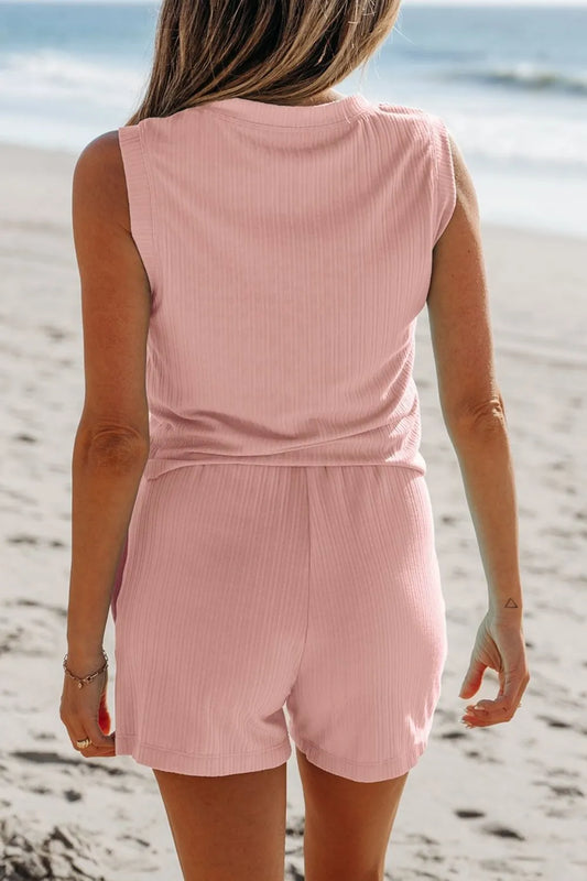 Ribbed Button V Neck Tank Top and Shorts Set