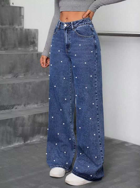 Pearl Embellished Wide Leg Jeans