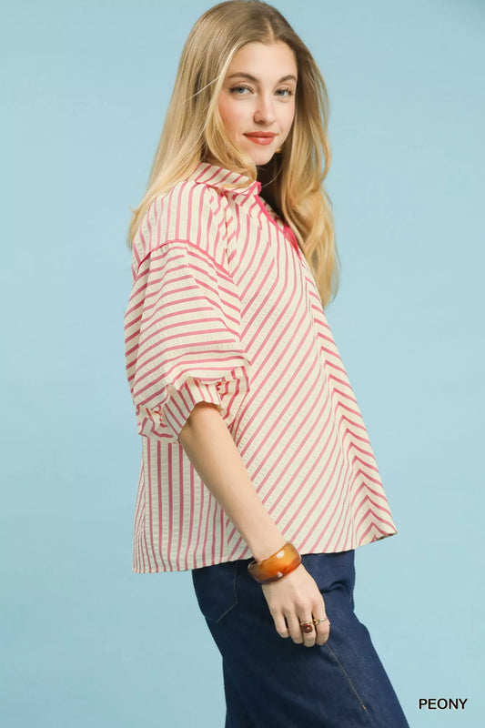 Umgee Chevron Stripe Collared Relaxed Top