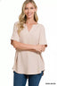 Zenana Woven Airflow Split Neck Short Sleeve Top